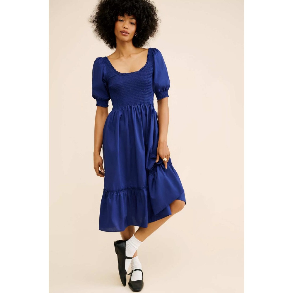 Hill House Home Louisa Nap Dress Sz XS Navy Blue Puff Sleeve Tiered Midi Smocked